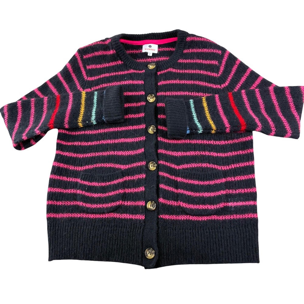 Sundry Wool Cashmere Cardigan Sweater Womens 0 Black Pink Striped Whimsical Cozy